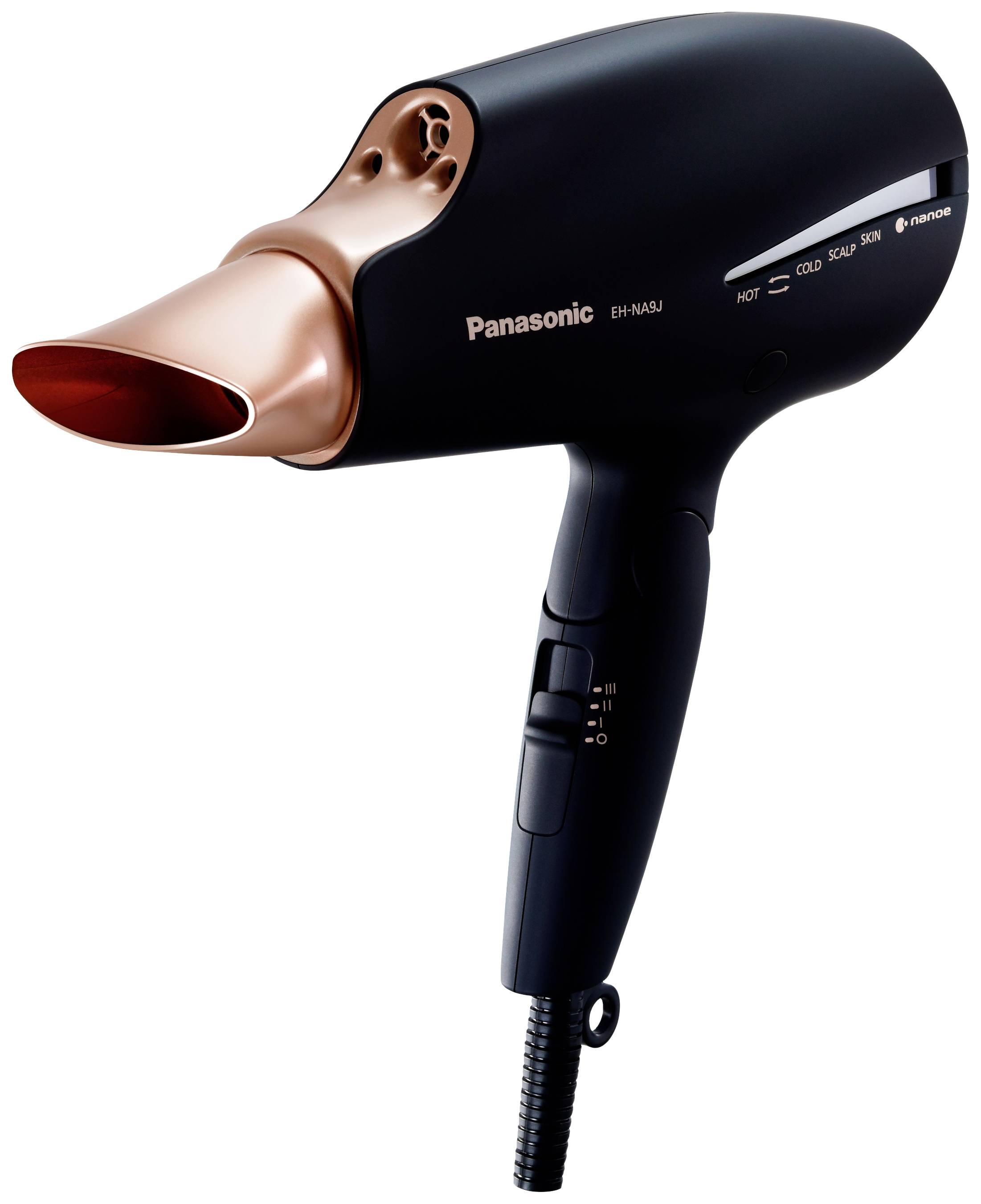 Fén Panasonic, typ EH-NA98, v černé barvě s měděnou tryskou, s různými nastaveními teploty a iontovou technologií.