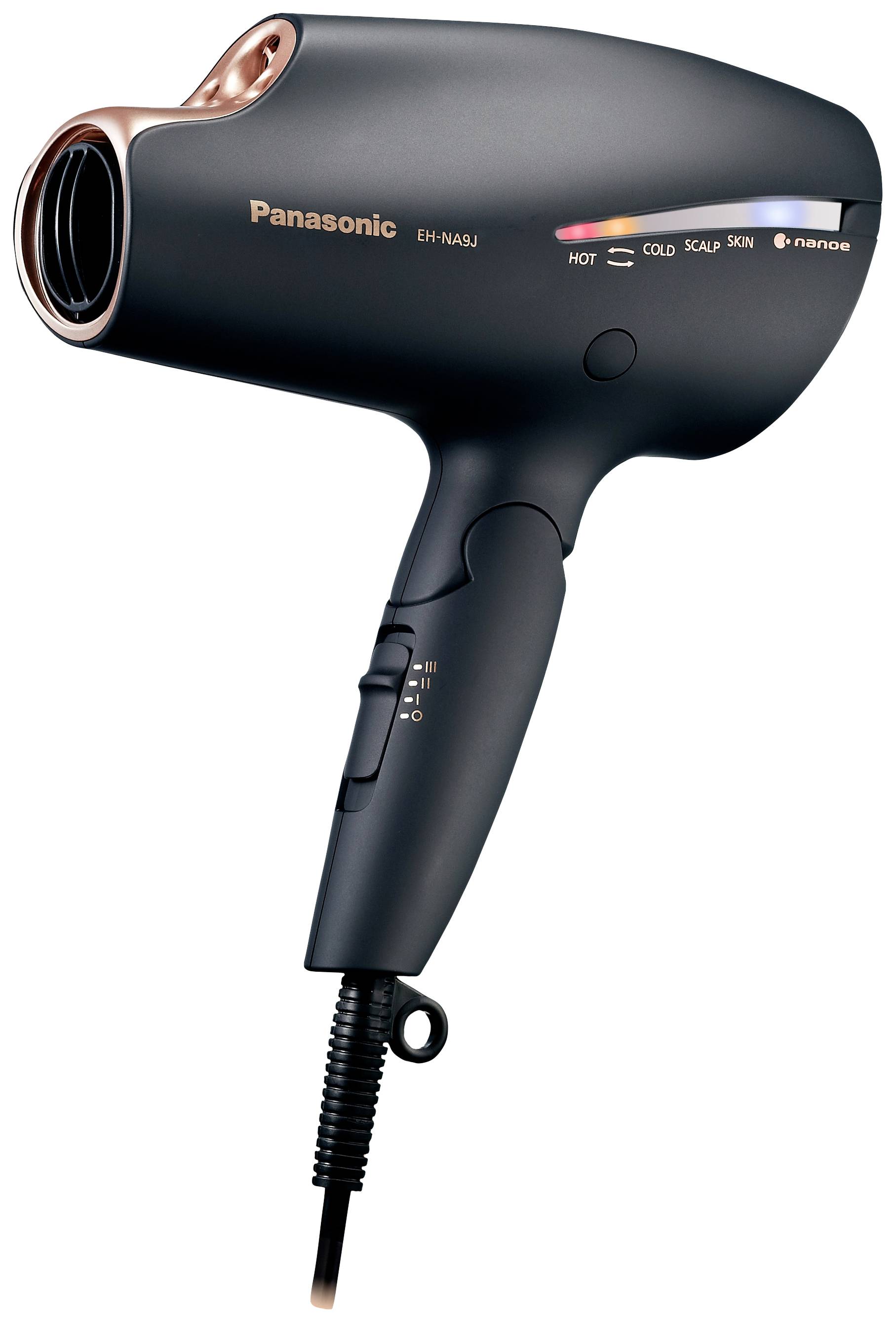 Černý fén značky Panasonic s různými nastaveními teploty a režimů, včetně možností 'HORKÝ', 'STUDENÝ' a 'VLASOVÁ POKOŽKA'.