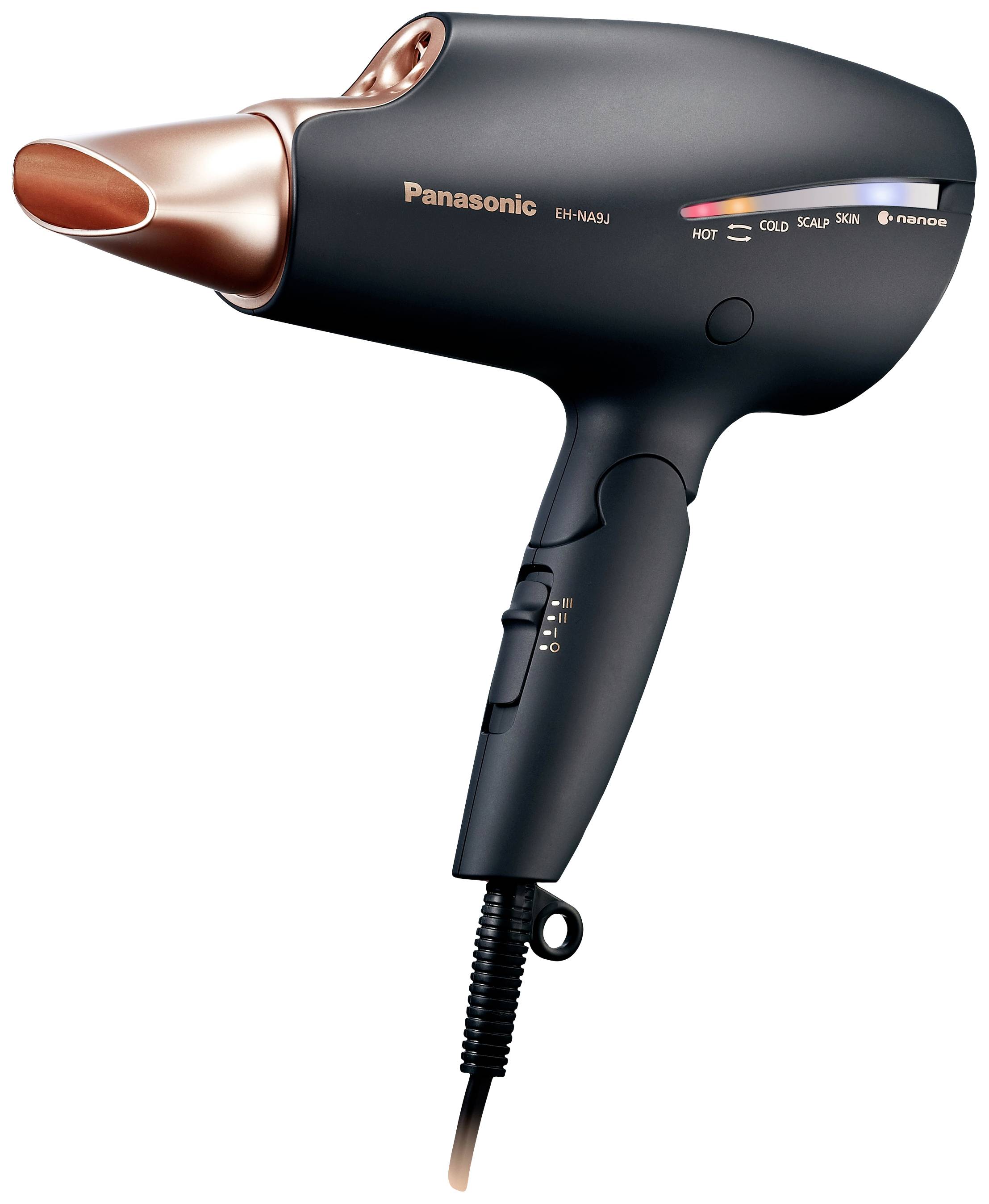 Černý fén na vlasy s měděnými akcenty, pěti teplotními nastaveními a ergonomickou rukojetí. Produkt: Panasonic EH-NA67.