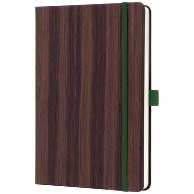 Hnědý notes s texturou dřeva a zelenou uzavírací páskou, orientovaný na výšku. Vhodný pro poznámky a náčrty.