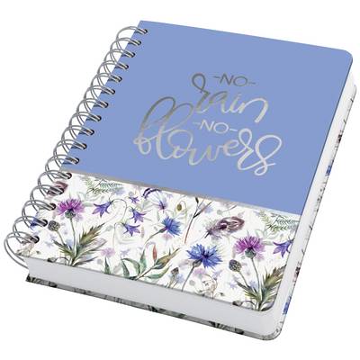 Poznámkový blok s modrou obálkou, na které je text 'No rain no flowers'. Pod textem květinový vzor, spirálová vazba je viditelná.