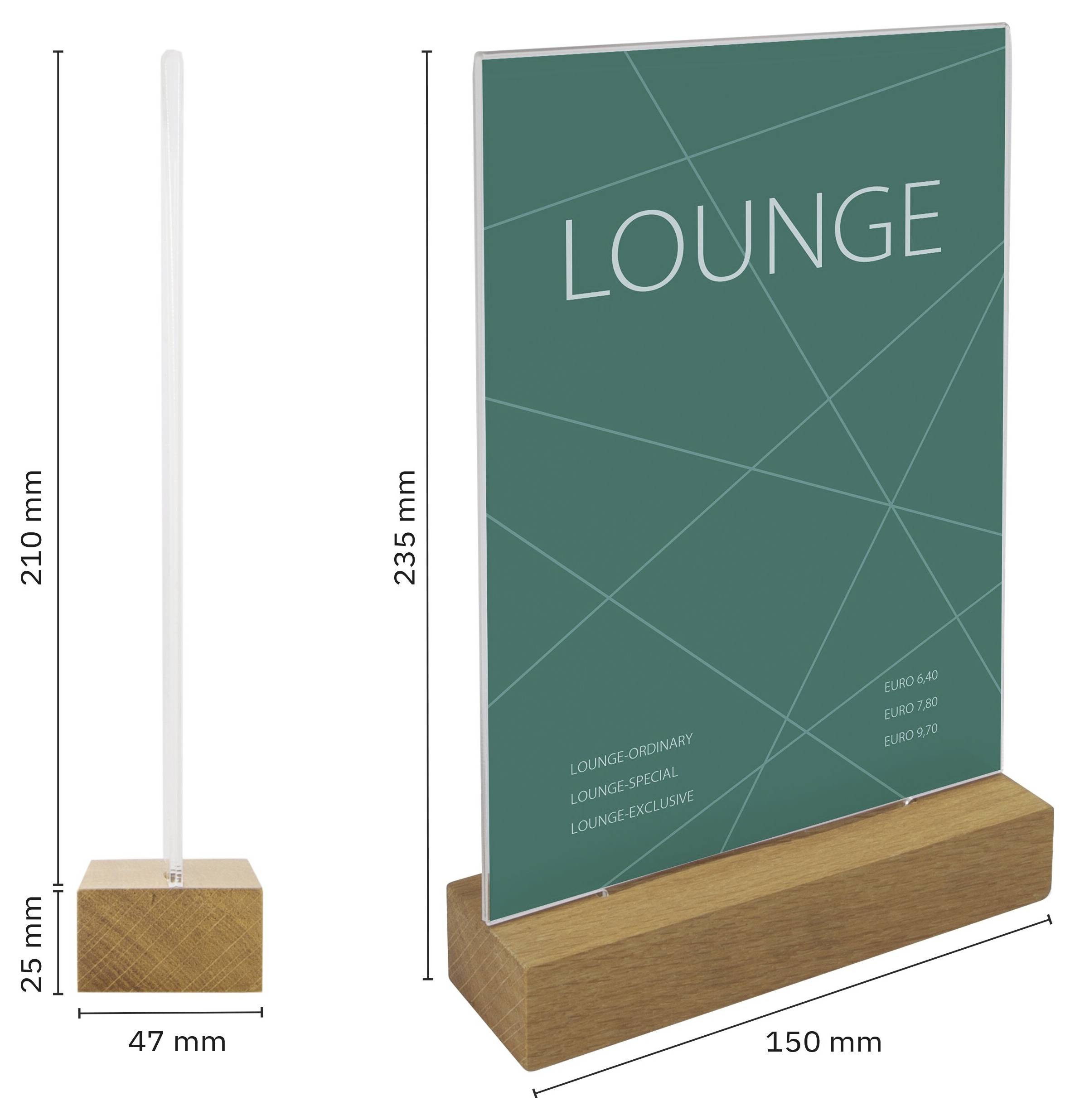 Znamení na prezentaci produktu s tealovou "LOUNGE" deskou na dřevěné podstave; rozměry uvedeny jako 235 mm vysoké, 150 mm široké, s podstavou 47 mm x 25 mm a výškou vložky 210 mm.
