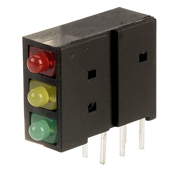Tříbarevná LED displej v černém pouzdře se červenou, žlutou a zelenou LED diodou, umístěnými po straně.
