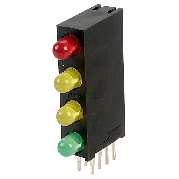 Tříbarevný LED modul s červenou, žlutou a zelenou LED, umístěný v černém plastovém pouzdře s několika kovovými kolíky.