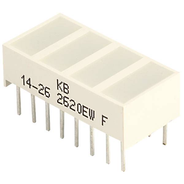 Obdélníková, bílá, elektronická součástka s několika kovovými piny. Označená štítkem 'KB 14-26 2620EW F'.
