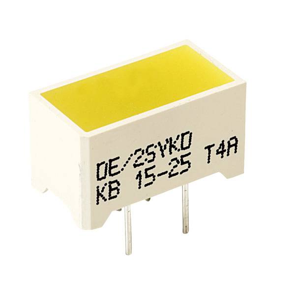 Žlutý obdélníkový elektronický kondenzátor s nápisem 'DE/2SYKO KB 15-25 T4R', dva stříbrné připojovací vodiče dole.