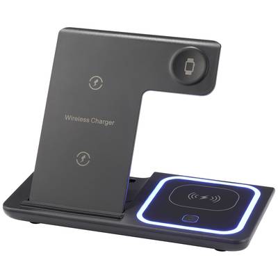 Černá bezdrátová nabíječka s modrou LED indikací, vhodná pro současné nabíjení několika zařízení, s logem smartphonu na horní straně.