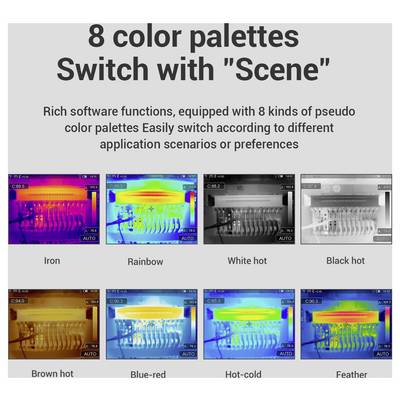Infografika s názvem "8 barevných palet Přepnout se "Scénou"" zobrazující osm tepelných barevných módů: Iron, Rainbow, White hot, Black hot, Brown hot, Blue-red, Hot-cold, a Feather.