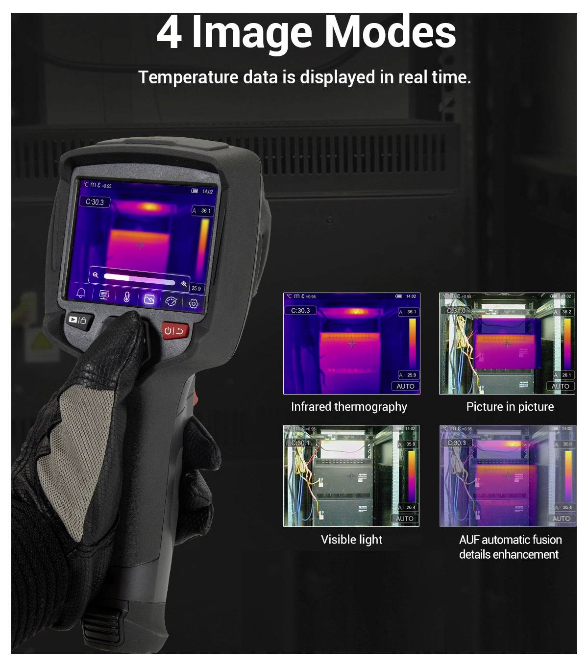 Přenosná termální kamera zobrazující data teploty v reálném čase se čtyřmi režimy zobrazení: infračervená termografie, obraz v obrazu, viditelné světlo a automatické vylepšení detailů AI.