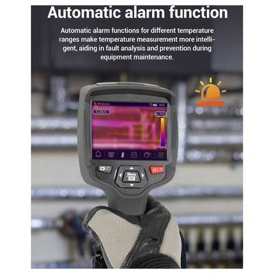 Termokamera s funkcí „Automatický alarm", text zobrazující ruční přístroj na měření teploty detekující úrovně tepla pro údržbu zařízení.