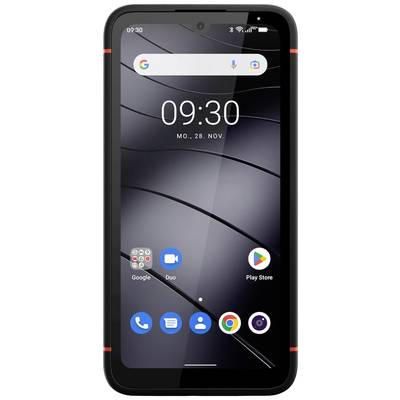 Smartphone se zaoblenými rohy, hlavní obrazovka zobrazuje čas a datum. Různé aplikace jsou umístěné dole.