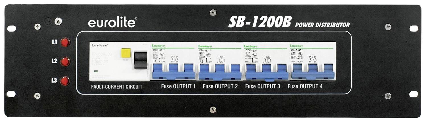 Pohled zepředu na černý elektrický rozvaděč s nápisem 'eurolite SB-1200B', čtyřmi modrými jističi a LED indikátory pro L1, L2, L3.