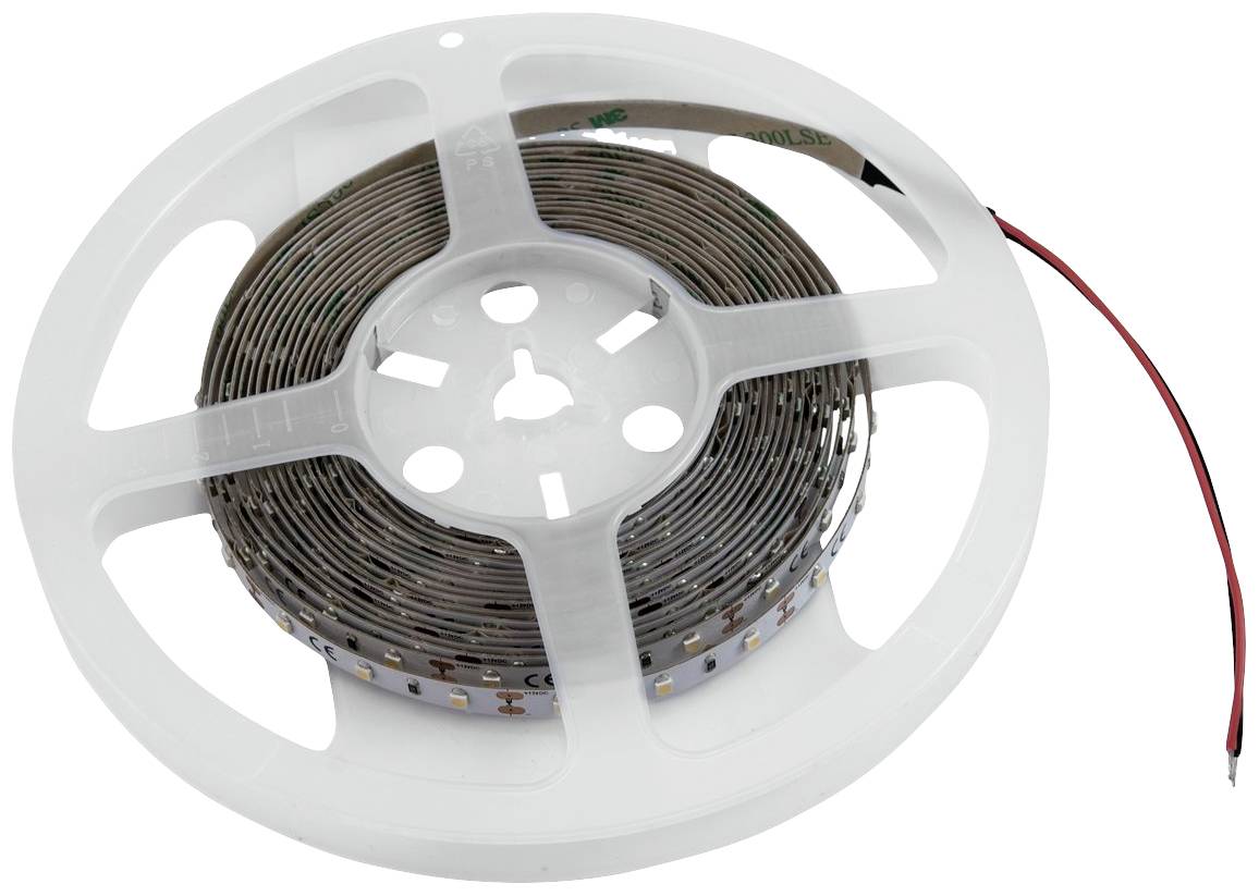 LED světelný pásek na cívce, připravený k instalaci, s červenými a černými vodiči pro připojení.
