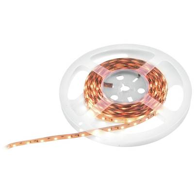 LED světelný pásek na bílé cívce. Pásek svítí teplou oranžovou barvou a hodí se k dekorativnímu nebo osvětlovacímu použití.