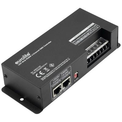 Černý DMX kontrolér pro LED pásky od společnosti Eurolite, s přípojkami a technickými štítky, vhodný pro ovládání světelných efektů.