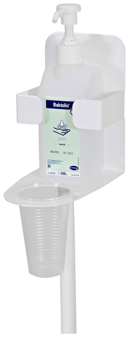 Dávkovač dezinfekce s plastickým držákem na kelímek. Obsahuje velkou láhev s pumpovým mechanismem. Používá se v hygienických prostorách.