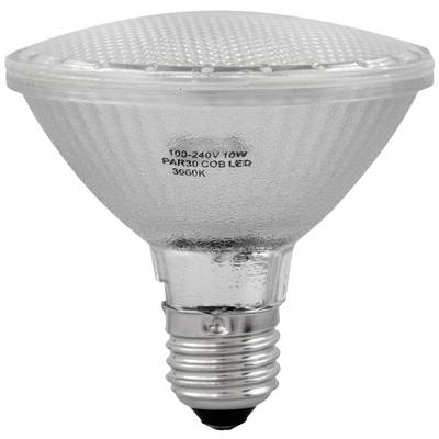 Žárovka s paticí E27 s označením 'PAR30 COB LED 3000K'. Vhodná pro provoz s napětím 100-240V a výkonem 10W.