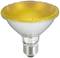 Žlutá LED žárovka s paticí E27, vhodná pro systémy Philips Hue. Žárovka má na povrchu vzor připomínající včelí plástev.