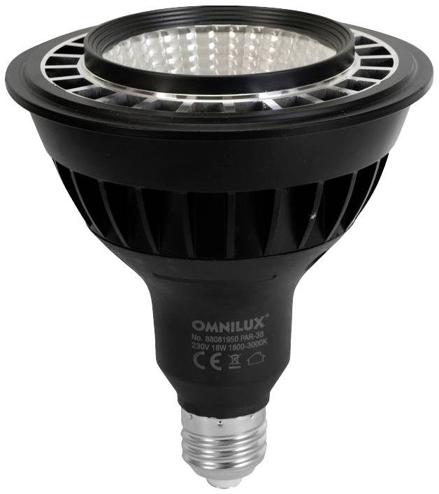 Černá LED bodová lampa se stříbrným reflektorem, vhodná pro 230V a výkon 18W. Název značky 'Omnilux' na přední straně.