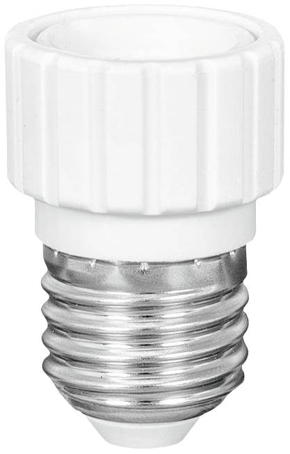 Detailní pohled na bílý adaptér objímky lampy se závitem, vhodný pro propojení žárovek s různými typy patek.