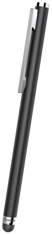 Černý dotykový stylus se stříbrným klipem a hrotem dole.