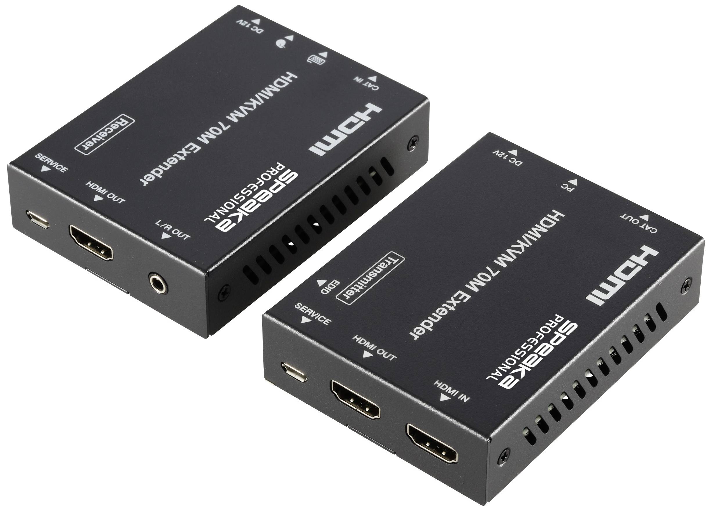Dva černé HDMI prodlužovací přístroje s nápisem 'SPEAKA PROFESSIONAL', každý s několika vstupy pro HDMI a napájení.