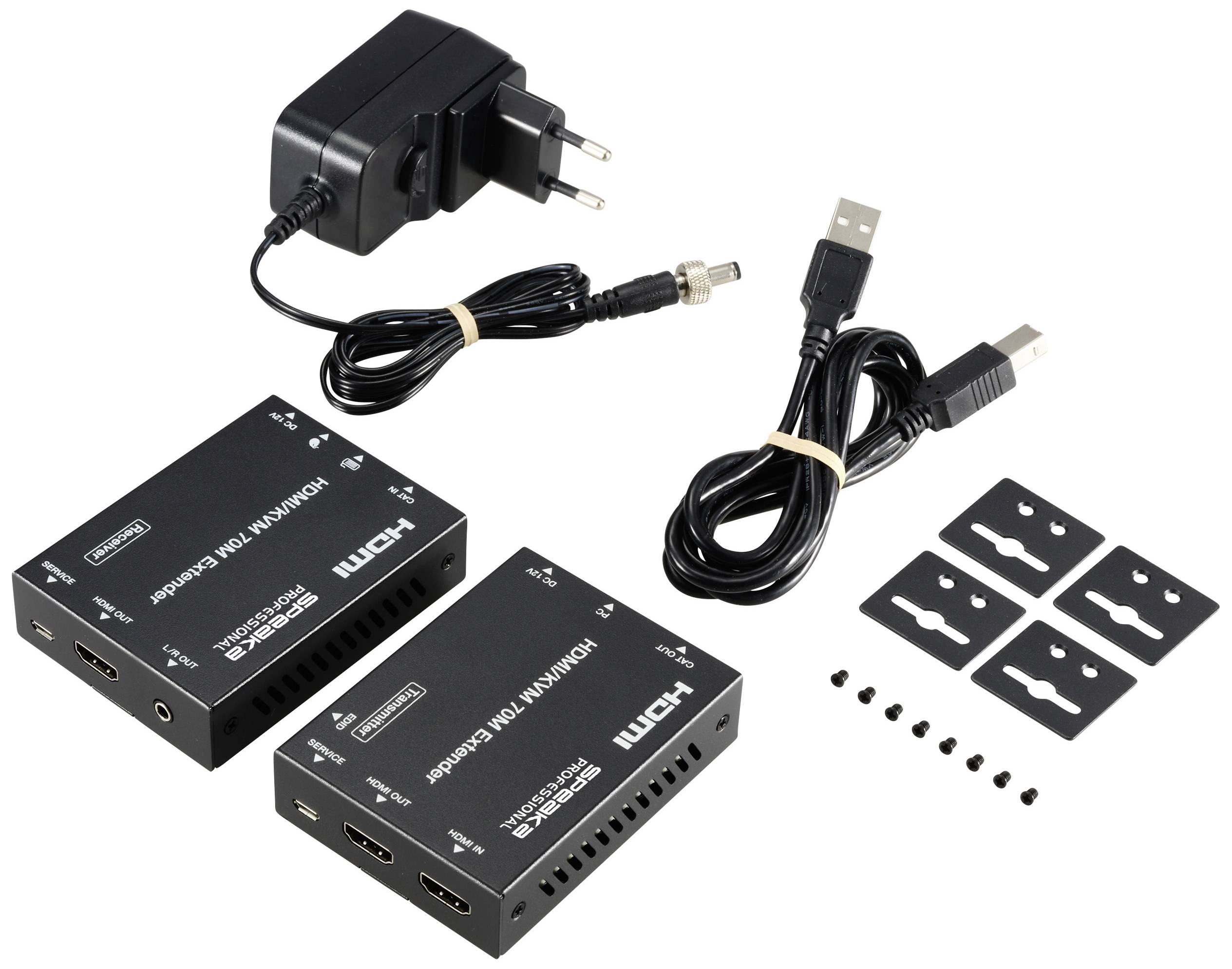 Sada HDMI extenderu po Ethernetu, skládající se ze dvou černých zařízení, síťového adaptéru, USB kabelů a příslušenství pro upevnění.