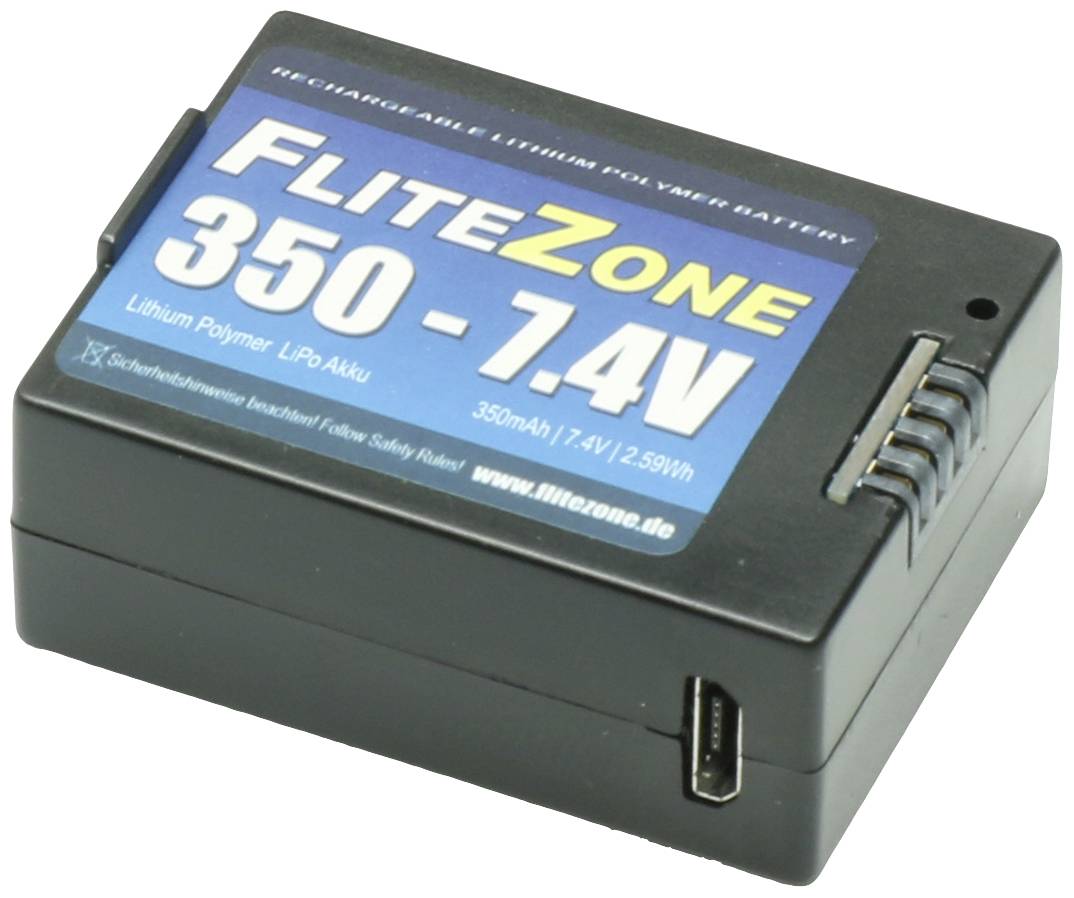 Dobíjecí lithium-polymerová baterie značky FliteZone s kapacitou 350mAh a 7,4V, USB port je viditelný.