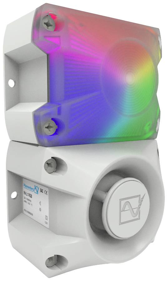 Elektrické signální zařízení s průhledným krytem svítí v barvách duhy. Pod ním je umístěna siréna.