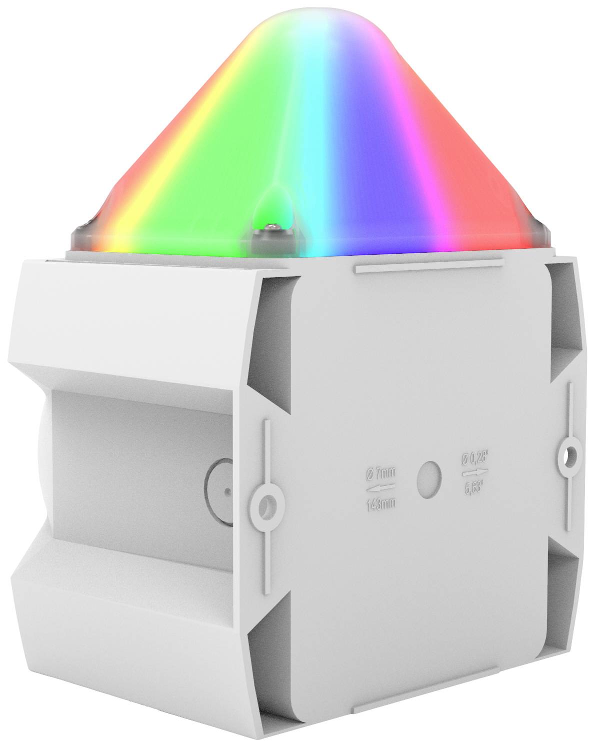 LED svítidlo s pyramidovitým stínidlem, které svítí několika barvami, umístěné na bílém, kvádrového tvaru krytu.