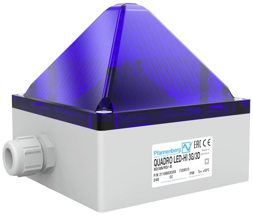 Quadro LED signalizační zařízení s modrým krytem od společnosti Pfannenberg, vhodné pro 24V DC, stupeň krytí IP66, teplotní rozsah -30°C až +65°C.