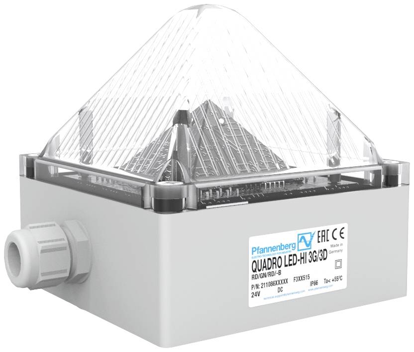 Průmyslové LED svítidlo s pyramidovitým pouzdrem, s nápisem "Quadro LED-Hi 3G/3D" a technickými specifikacemi.