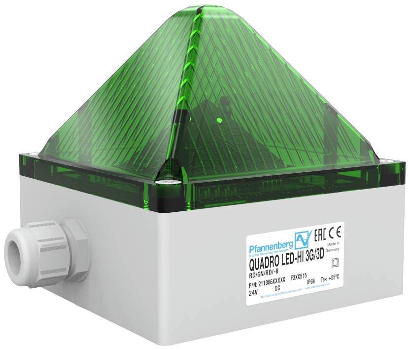 Průmyslové svítidlo se zeleným, pyramidálním LED světlem. Označené 'Quadro LED-Hi 3G/3D'. Kryt z šedého plastu.