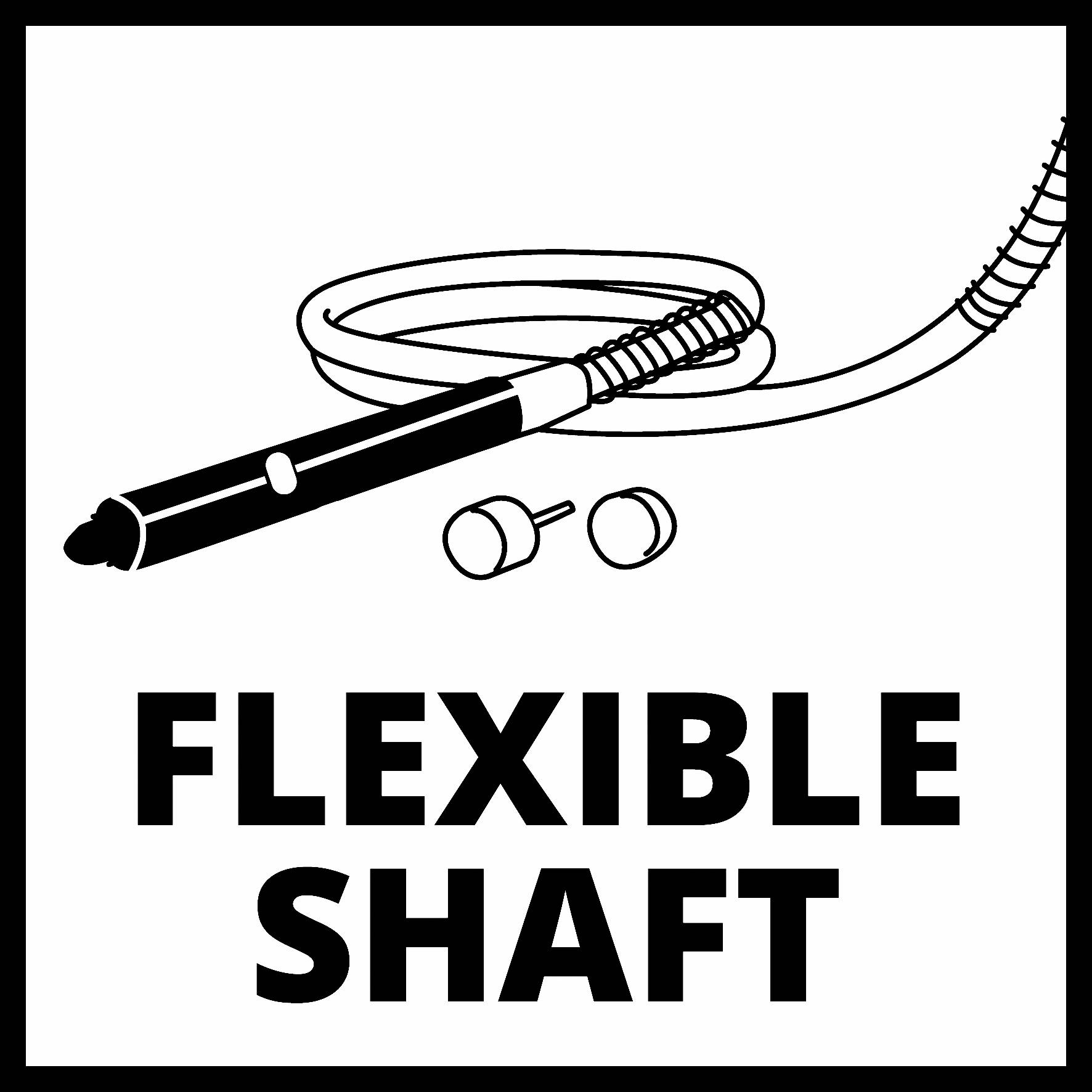 Černobílá ilustrace flexibilního hřídele s náhradními díly, obklopená nápisem 'Flexibilní hřídel'.