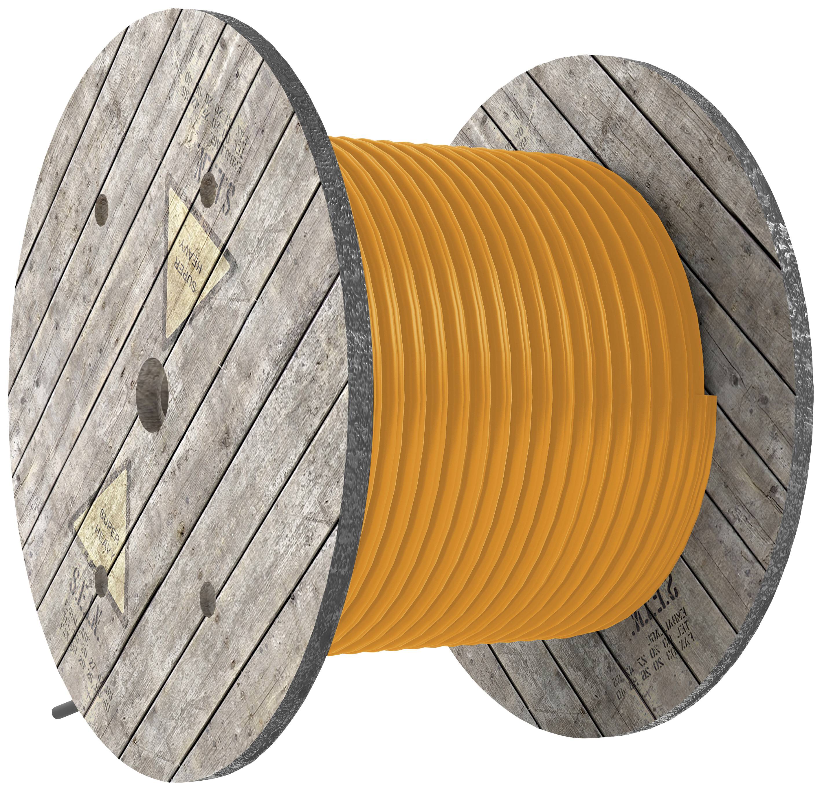 Velká dřevěná kabelová cívka se žlutým kabelem. Stojí vzpřímeně a je zobrazena pohled shora na konec cívky.