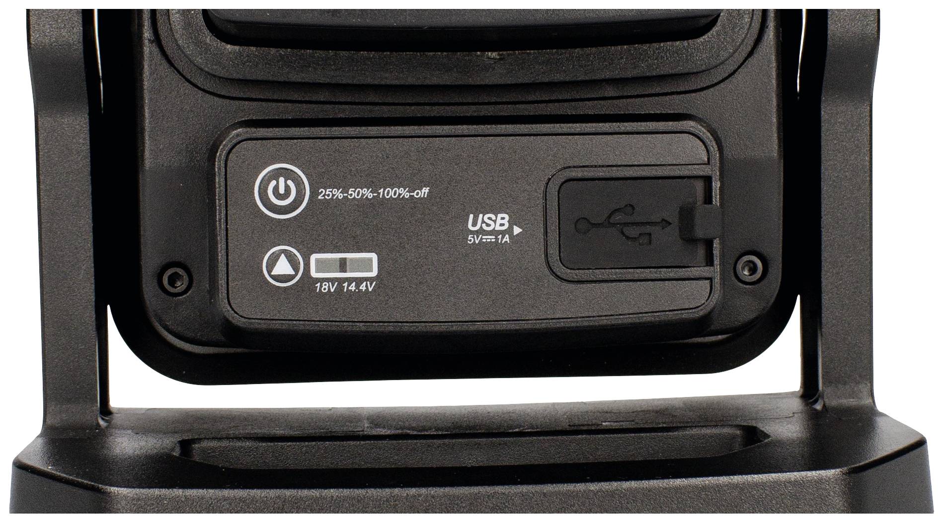 USB konektor s indikátorem nabíjení: 25%-50%-100%-vypnuto. Podporuje 18V, 1A USB výstupy.