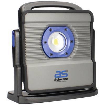Přenosný LED pracovní reflektor s modrým prstencem, ergonomickou rukojetí a stabilní základnou, vhodný pro osvětlení staveniště.