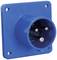 Modrá nástěnná zásuvka se dvěma kulatými kolíky, vhodná pro průmyslové aplikace.