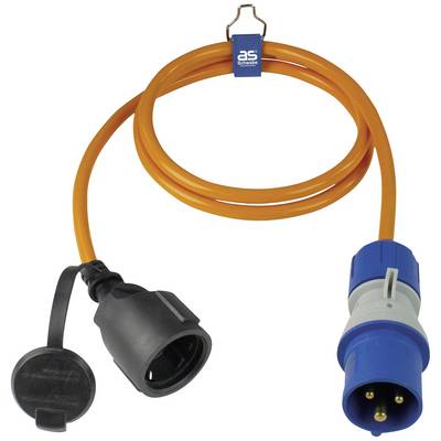 Oranžový prodlužovací kabel s modrou a černou zástrčkou, vhodný pro venkovní použití.