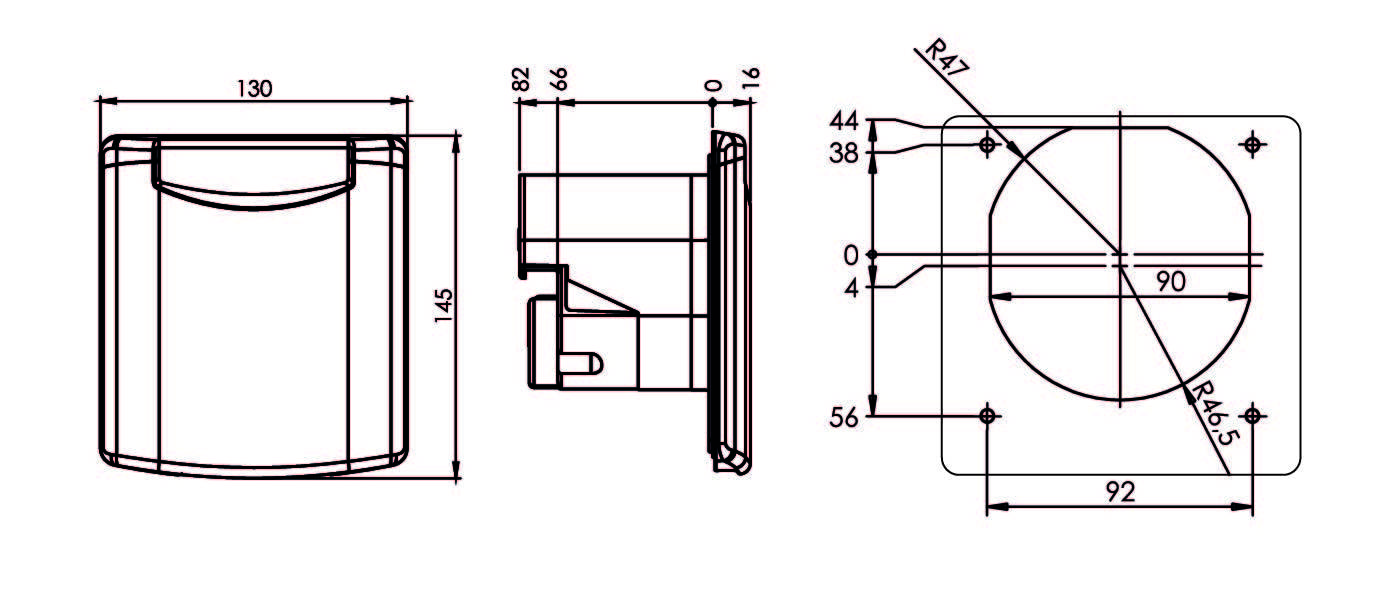Technický výkres čtvercového ventilátoru s rozměry: šířka 130 mm, výška 145 mm, hloubka 90 mm. Průměr kruhu: 92 mm.