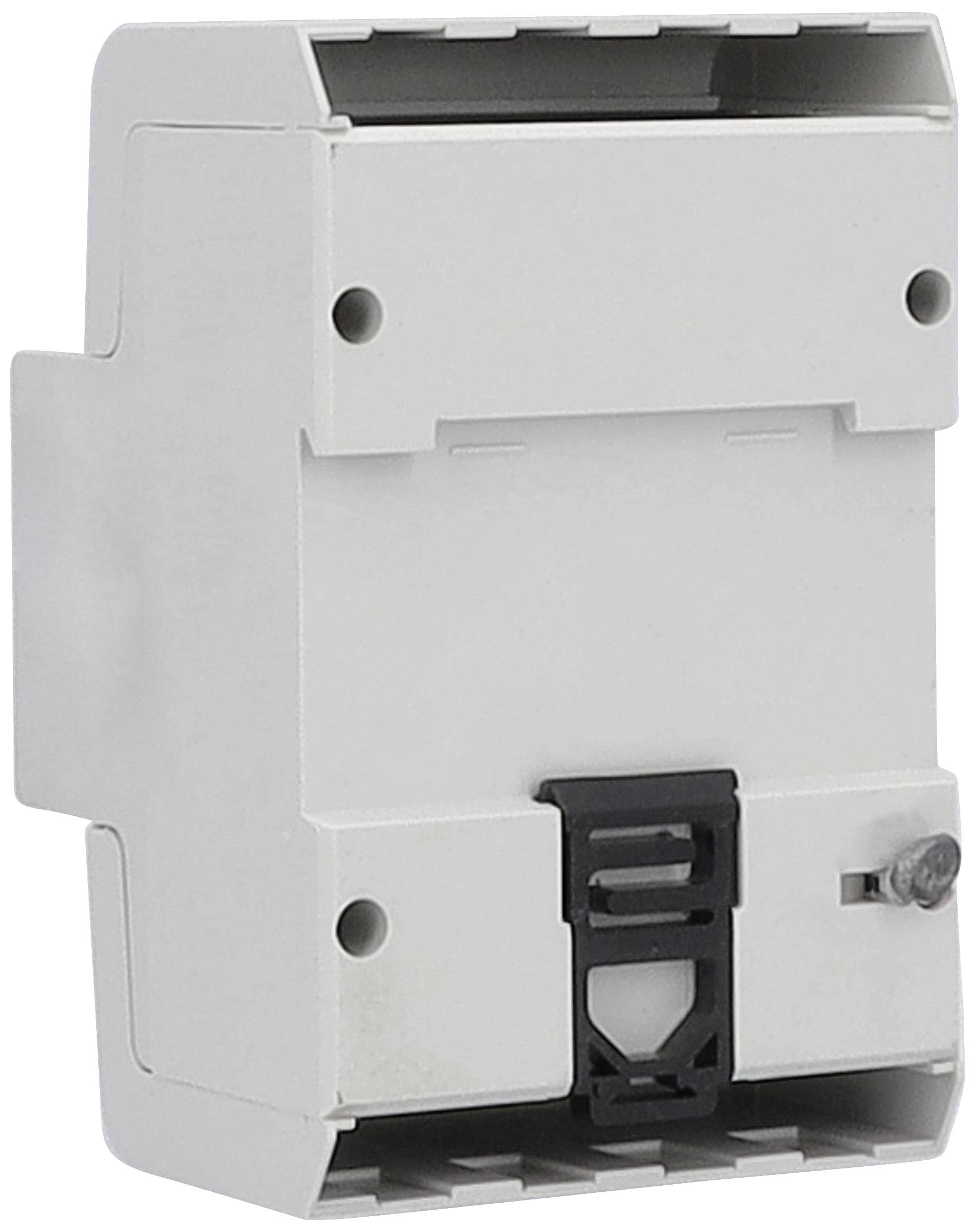 Elektrická rozvodná skříň v bílé barvě, obdélníkového tvaru, s upevňovacím prvkem.