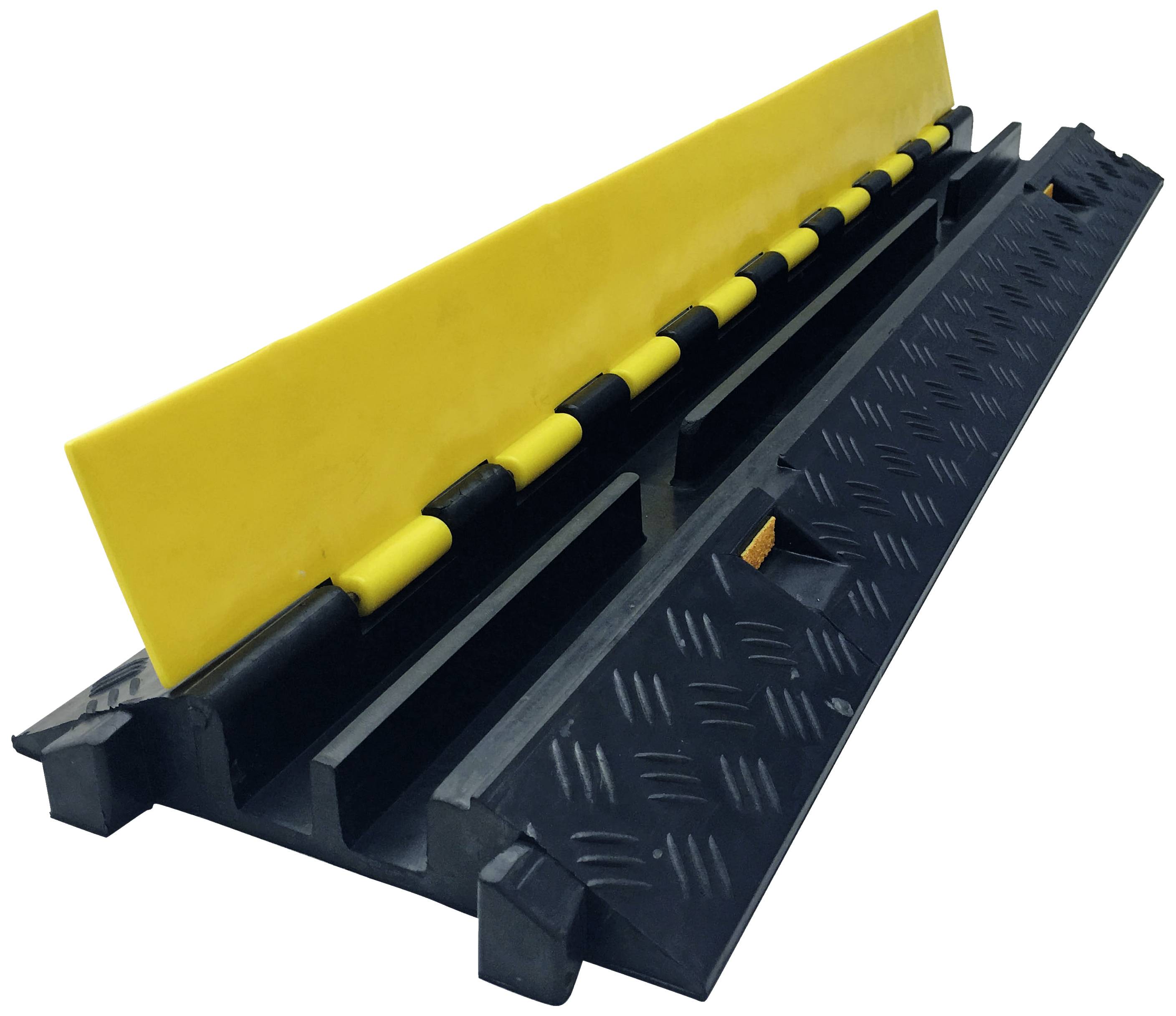 Žluto-černý kabelový most s několika kanály, vhodný pro ochranu a organizaci kabelů na podlaze.