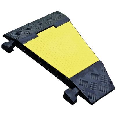 Obrázek ukazuje kabelový žlab s žlutým povrchem a černými hranami, který slouží k zabezpečení kabelů na podlaze.