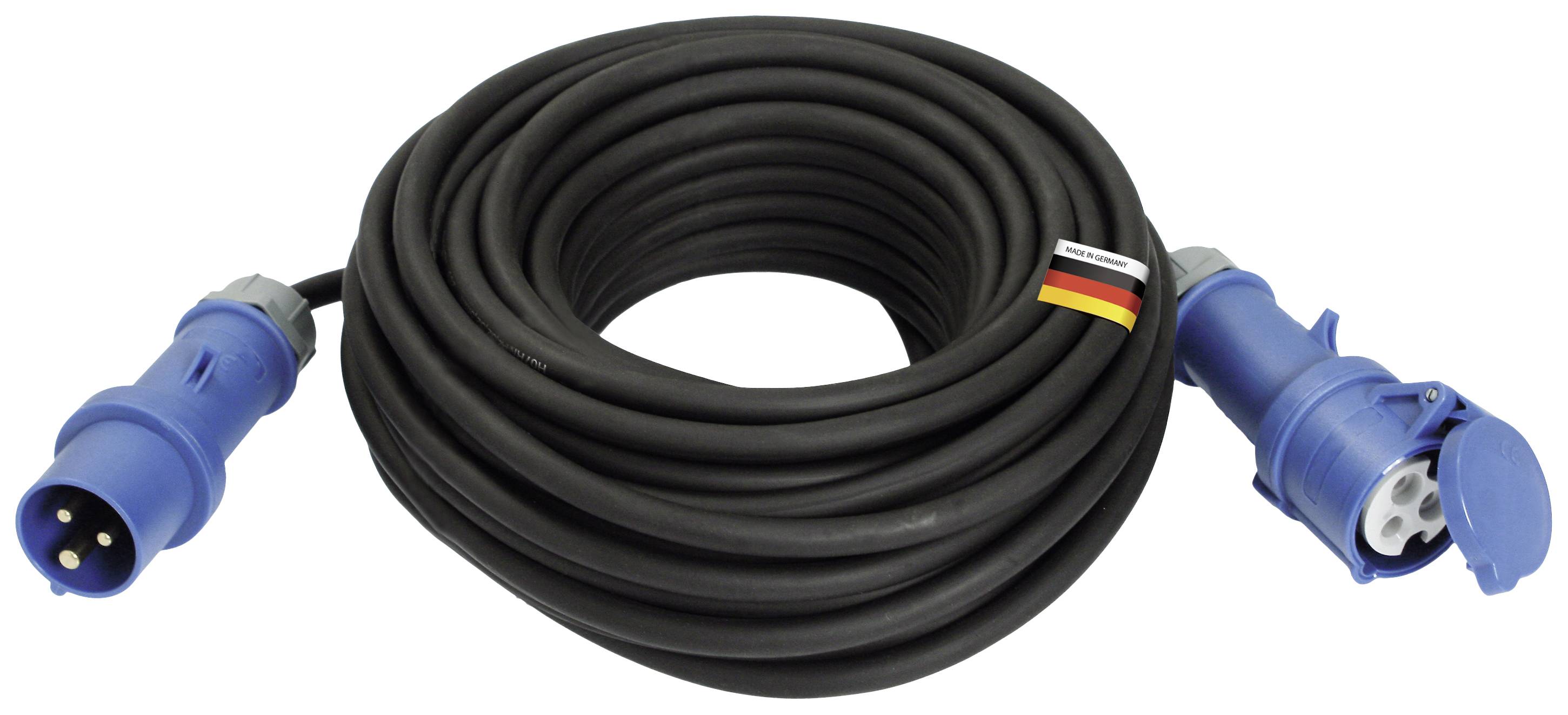 Modrý prodlužovací kabel se Schuko zástrčkou a zásuvkou, namotaný, s připevněnou německou vlajkou na kabelu.