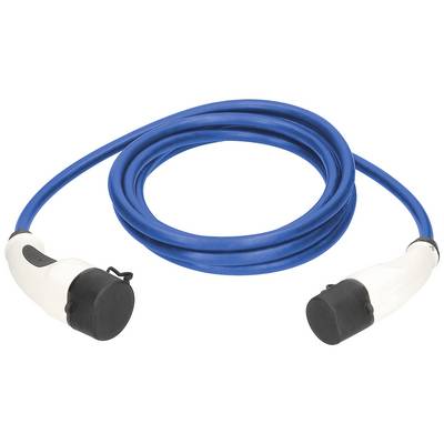Dlouhý modrý kabel s bílými konektory na obou koncích, vhodný pro nabíjení elektrických vozidel.