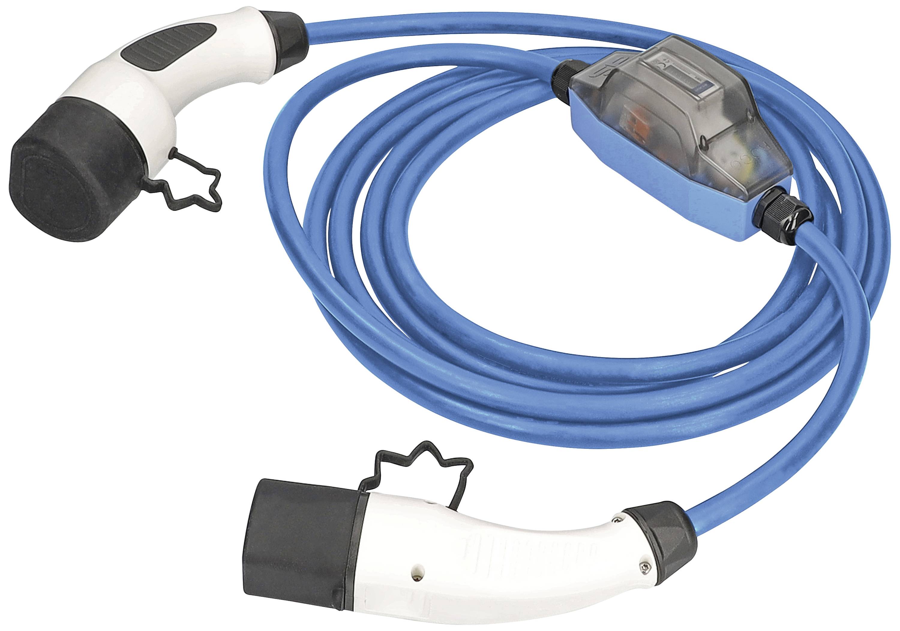 Modrý nabíjecí kabel s konektory na obou koncích, vhodný pro elektromobily. Uprostřed kabelu má transparentní ochranný kryt.