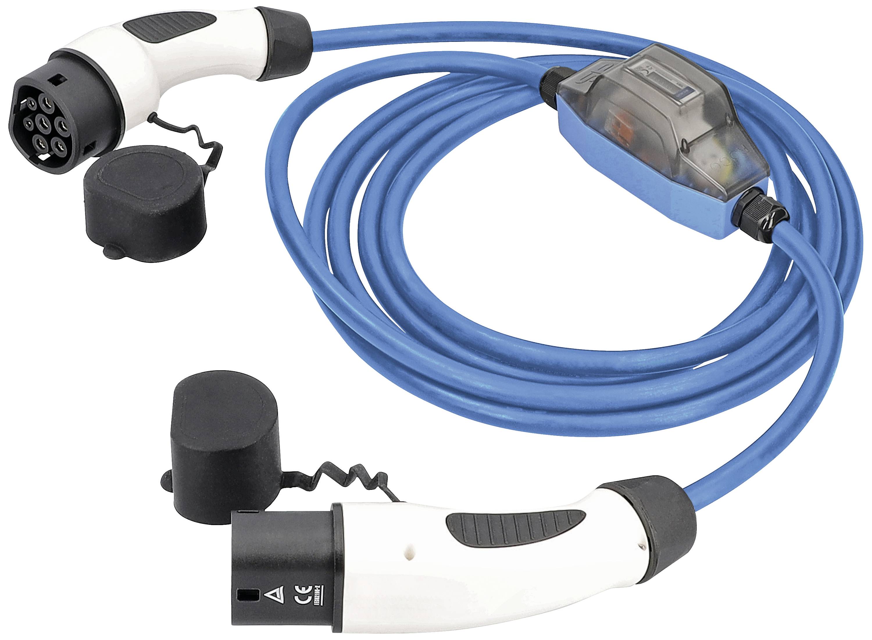 Modrý nabíjecí kabel s konektory na obou koncích, vhodný pro elektromobily.