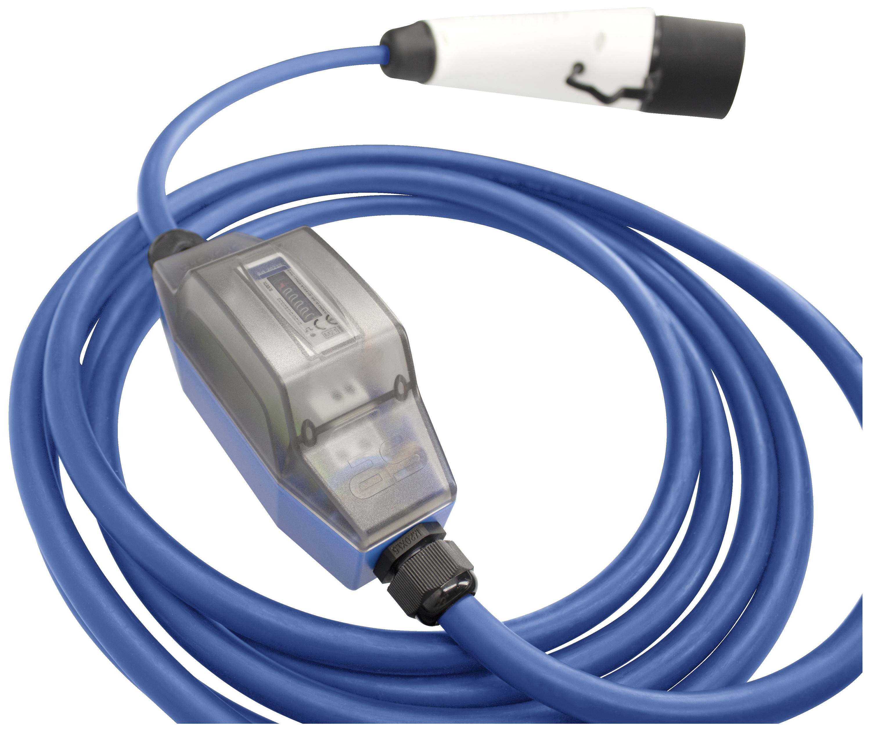 Modrý kabel s bílým senzorem a průhledným ochranným krytem, pravděpodobně zdravotnické nebo technické zařízení.