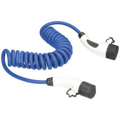 Modrý spirálovitý prodlužovací kabel se dvěma bílými konektory na koncích.