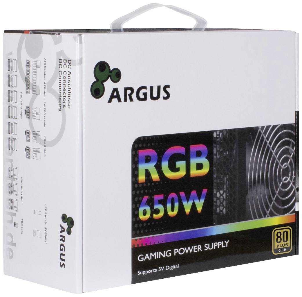 Bílý obal herního napájecího zdroje ARGUS RGB 650W s certifikací 80 Plus Gold, zobrazený s prvky RGB podsvícení.